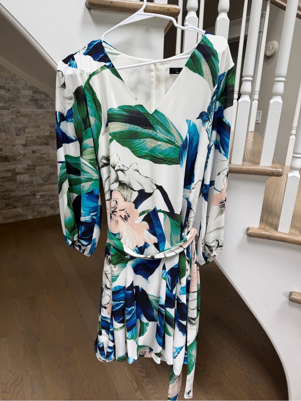 White House Black Market White Mini Dress with Blue, Green & Pink Floral Print
